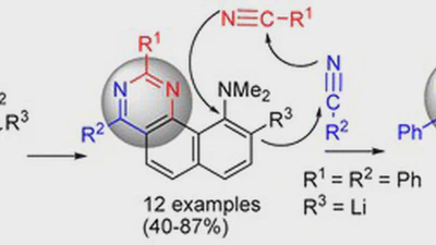 Tandem synthesis of 10- dimethylaminobenzo[h]quinazolines from 2-ketimino-1,8-bis(dimethylamino)naphthalenes via nucleophilic replacement of the unactivated aromatic NMe2 group featured image