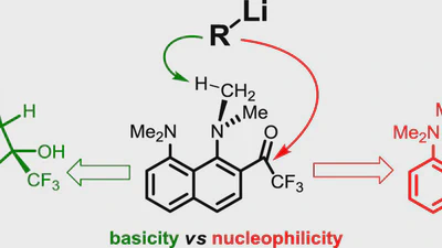 Reaction of 2-Trifluoroacetyl-1,8-Bis(dimethylamino)naphthalene with Strong Organic Bases: Acidic Ionization of 1-NMe2 Group Resulting in the Formation of Benzo[g]indole Derivatives versus Nucleophilic Addition to C=O Group featured image