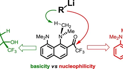 Reaction of 2-Trifluoroacetyl-1,8-Bis(dimethylamino)naphthalene with Strong Organic Bases: Acidic Ionization of 1-NMe2 Group Resulting in the Formation of Benzo[g]indole Derivatives versus Nucleophilic Addition to C=O Group featured image